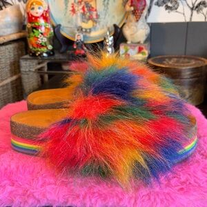 EUC Bearpaw Lucinda Faux Fur Slide Slippers featuring a rainbow-colored faux f